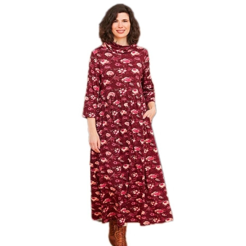 April Cornell L‎ Maxi Dress Virgini Burgundy Floral Prairie Cottagecore Peasant